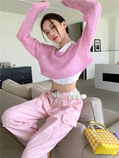 Pink Hollow Out Knit Cropped Sweater