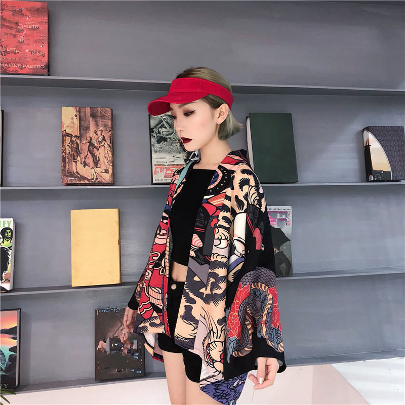 Mask Demon Horn Kimono Cardigan Cartoon Print Loose Blouse Long Sleeve Shirt T-shirt Top E-Girl Kawaii Korean Japanese Harajuku Streetwear