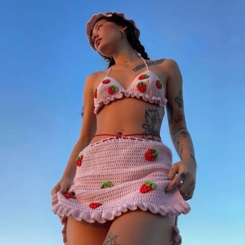 Pink Strawberry Crochet Knit Top + Sash Beach Mini Skirt