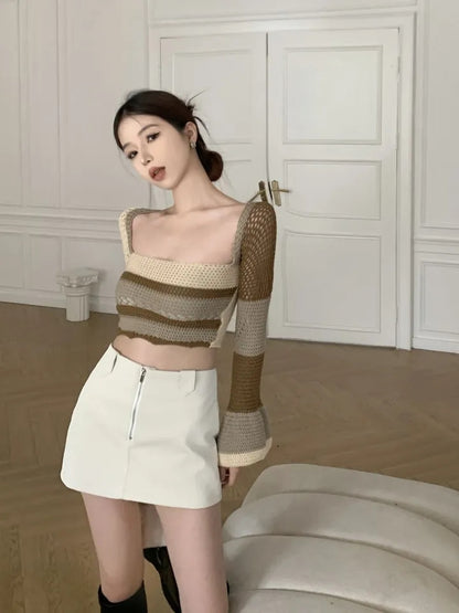 Brown Crochet Bell Sleeve Cut Out Long Sleeve Shirt