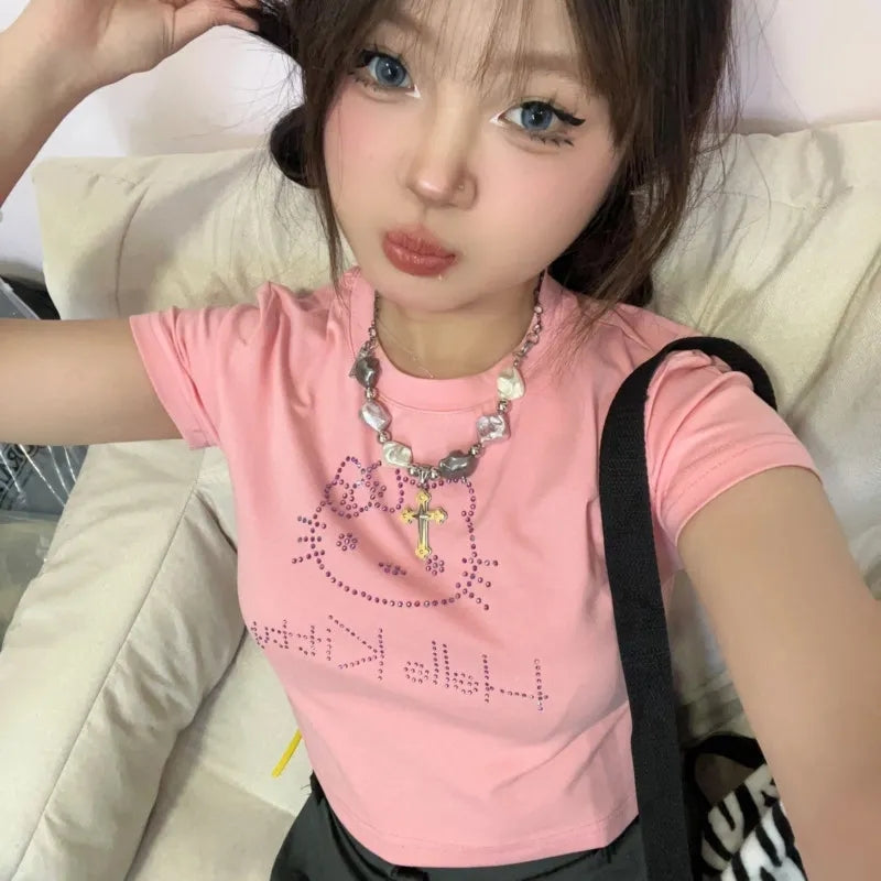 Japanese Cat Rhinestone Crop Top