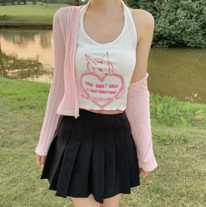 Bunny Rabbit Embroidery Print Wrap Halter Crop Top