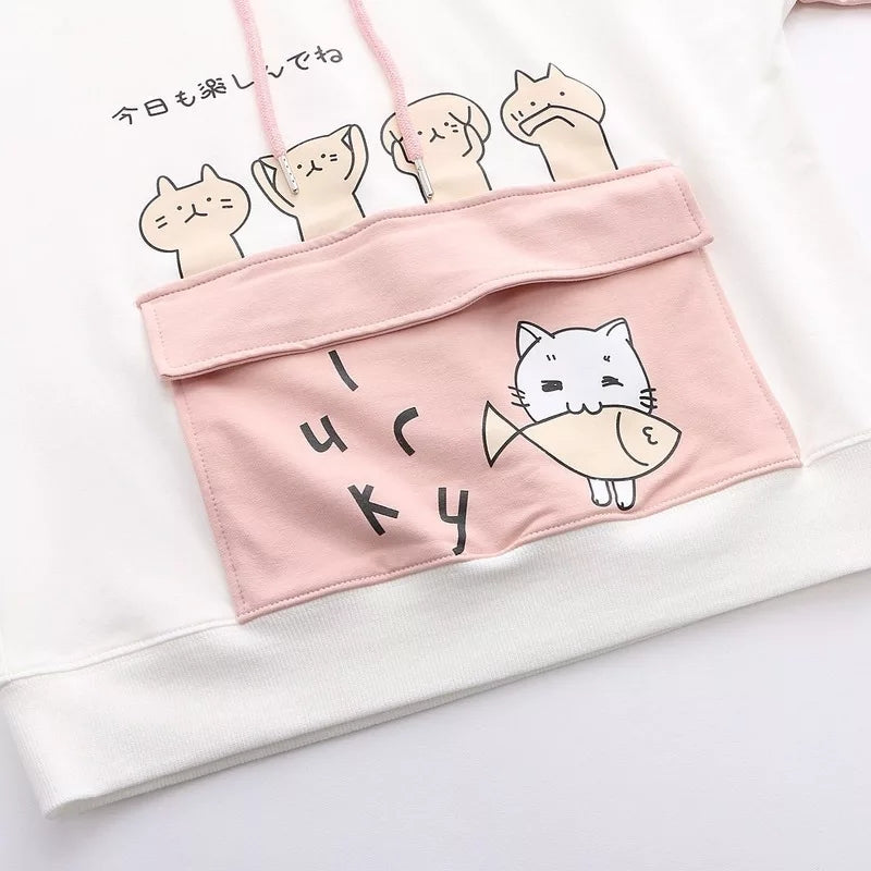Cute Sweet Pastel Pink Cat Fish Print Soft Long Sleeve Hoodie Sweatshirt Pullover Aesthetic Casual E-Girl Kawaii Korean Japanese Harajuku