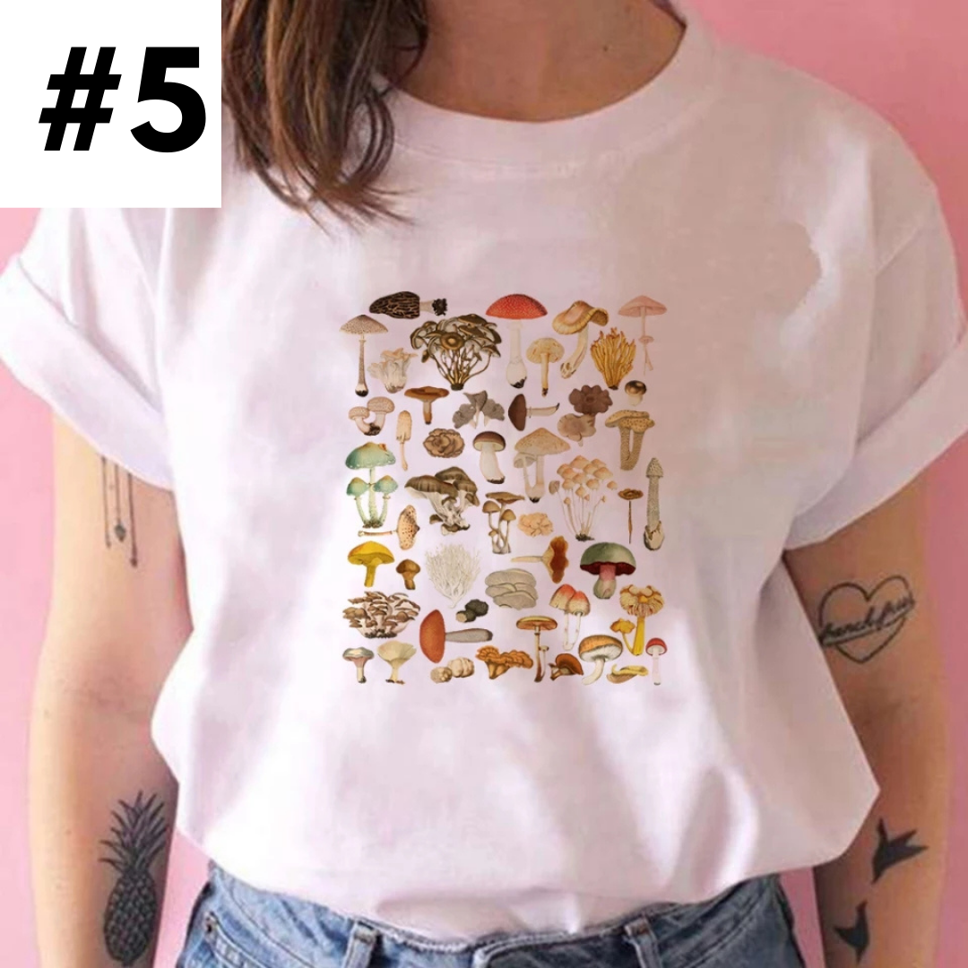 Cute Frog Mushroom Plant Cartoon Print Loose Oversize Short Sleeve T-shirt Punk Aesthetic Casual Summer E-Girl Kawaii Korean Japanese Harajuku