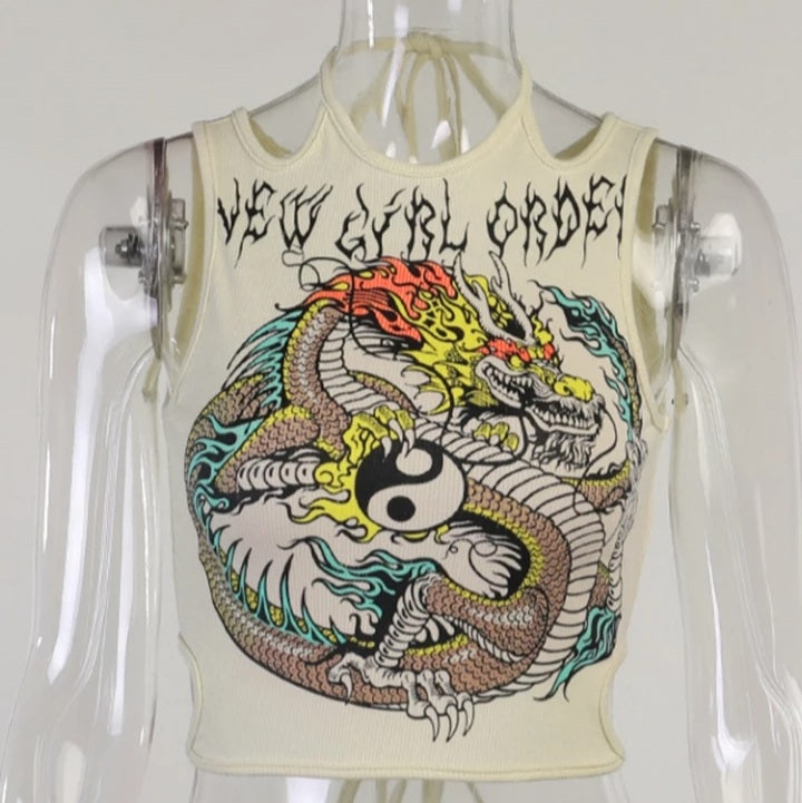 Cute Dragon Ying Yang Print Lace Tank Crop Top Off Shoulder Punk Aesthetic Casual Summer E-Girl Kawaii Korean Japanese Haraju