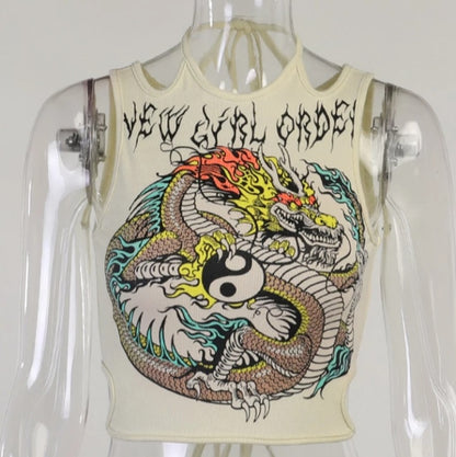 Cute Dragon Ying Yang Print Lace Tank Crop Top Off Shoulder Punk Aesthetic Casual Summer E-Girl Kawaii Korean Japanese Haraju