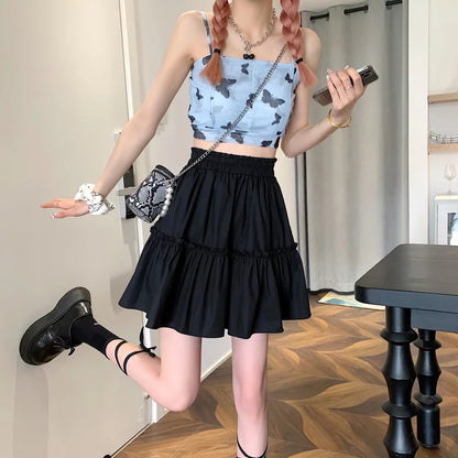 Cute White Ruffles Patchwork High Waist Mini Skirt Fairycore Pleated Preppy Aesthetic Casual Summer E-Girl Kawaii Korean Japanese Harajuku