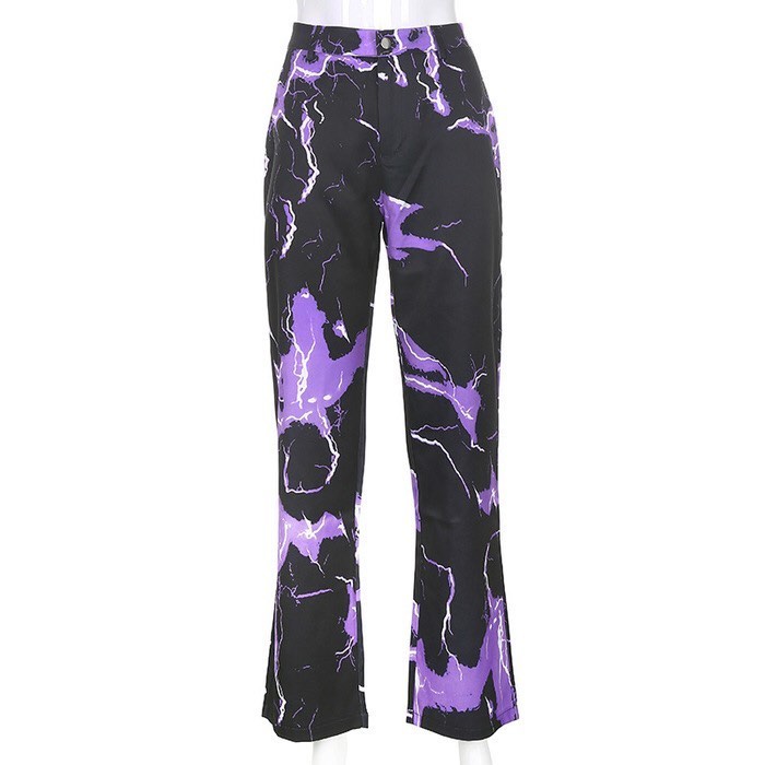 Cute Retro Vintage 90s Funky Lightning High Waisted Cargo Trousers Pants Colorful Print Aesthetic E-Girl Kawaii Korean Japanese Harajuku Streetwear
