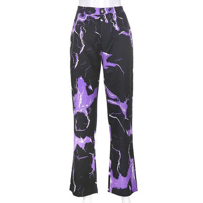 Cute Retro Vintage 90s Funky Lightning High Waisted Cargo Trousers Pants Colorful Print Aesthetic E-Girl Kawaii Korean Japanese Harajuku Streetwear
