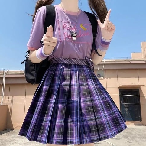 Purple Black Pleated Plaid Skirt Mini High Waisted School Girl Cosplay Sailor E-Girl Kawaii Korean Japanese Harajuku Streetwear
