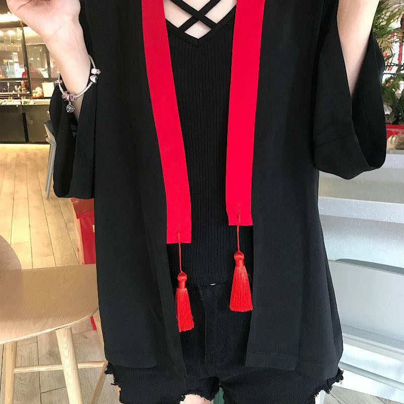 Fox Mask Anime Tassel Blouse Kimono Cardigan Cartoon Print Loose Blouse Long Sleeve Shirt Top E-Girl Kawaii Korean Japanese Harajuku Streetwear