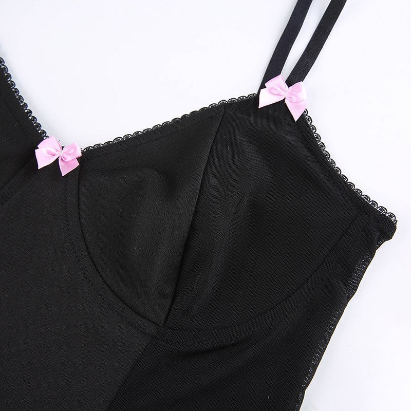Sexy Pink Ribbon Bow Mesh Panel V Neck Crop Top Camisole Sleeveless Shirt Summer Goth Aesthetic E-Girl Kawaii Korean Japanese Harajuku Streetwear