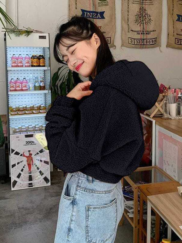 Soft Faux Lamb Wool Loose Long Sleeve Hoodie