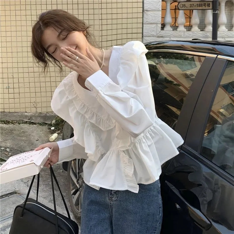 White Ruffle Long Sleeve Blouse