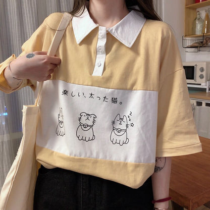 Cute Cat Dog Animal Print College Loose Baggy Short Sleeve Shirt T-shirt Top Summer Casual E-Girl Kawaii Korean Japanese Harajuku Streetwear