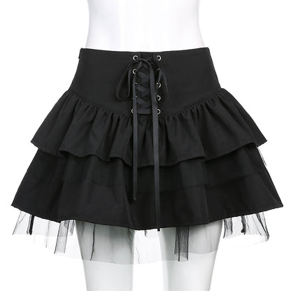 Cute Black Goth Lace Up High Waisted Ruffle Skirt Punk Bandage A-line Lace Trim Tutu Casual E-Girl Kawaii Korean Japanese Harajuku Streetwear