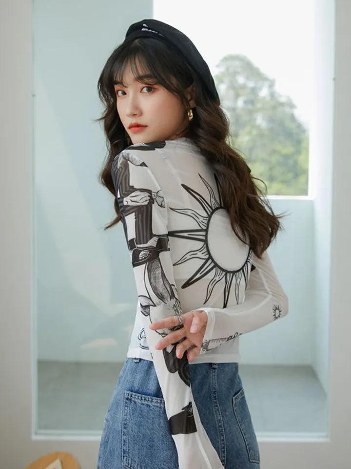 White Sun Mesh Transparent Long Sleeve Shirt