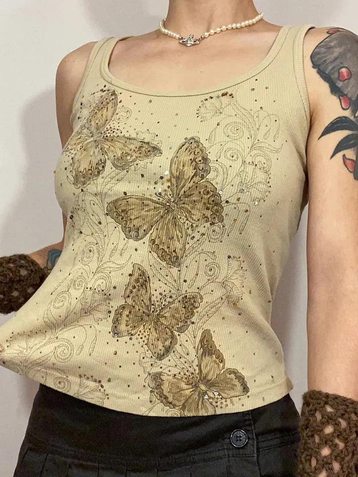 Butterfly Rhinestone Print Tank Top