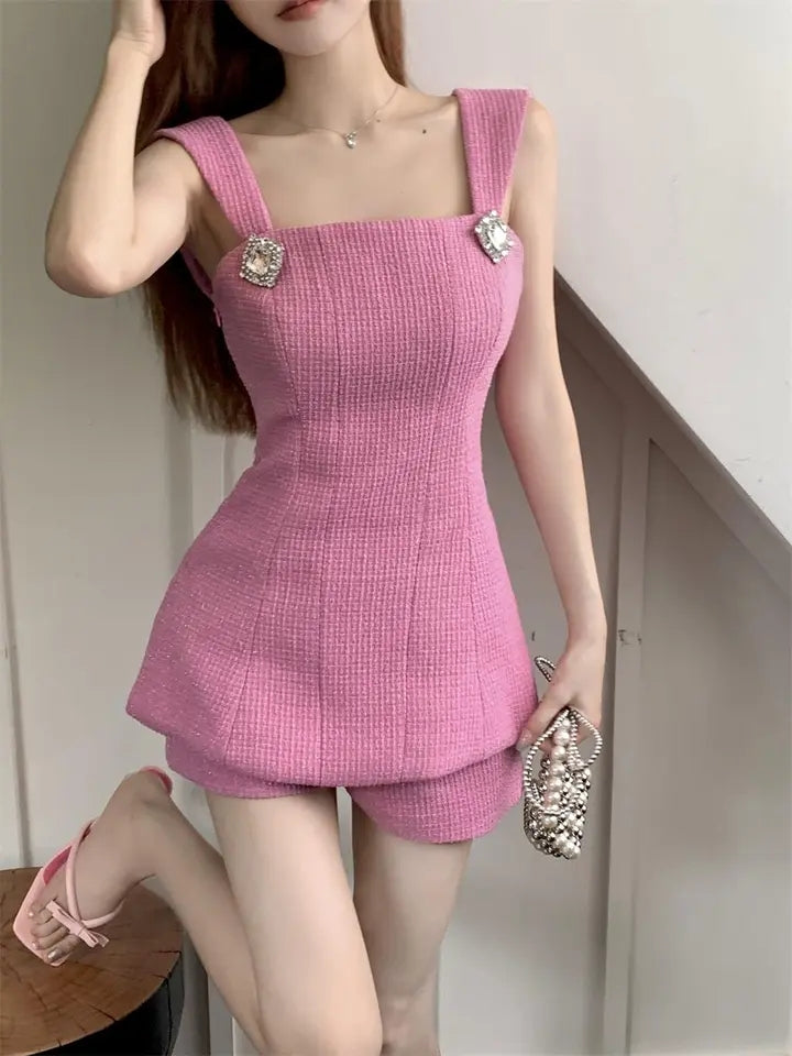 2PCs Pink Tweed Square Collar Top + Shorts Set