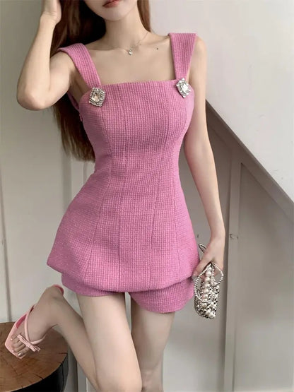 2PCs Pink Tweed Square Collar Top + Shorts Set