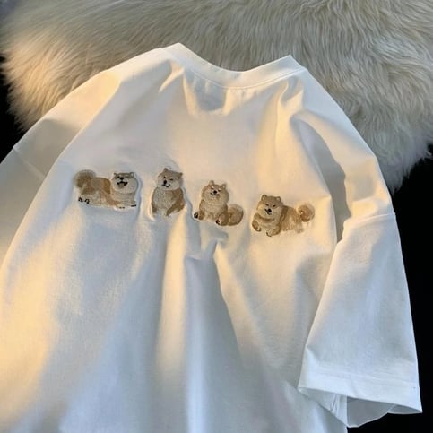 Funny Shiba Embroidery Short Sleeve T-shirt