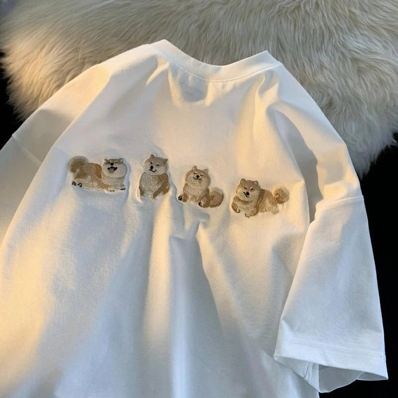 Funny Shiba Embroidery Short Sleeve T-shirt