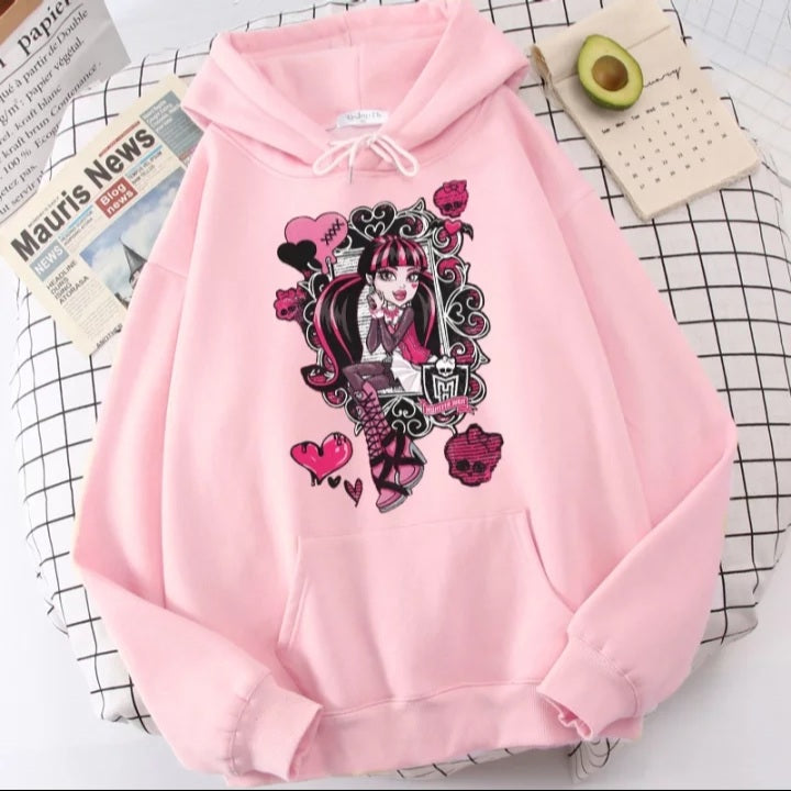 Cute Girl Monster Cartoon Print Long Sleeve Hoodie Sweater Sweatshirt Pullover Aesthetic Casual Summer E-Girl Kawaii Korean Japanese Harajuku