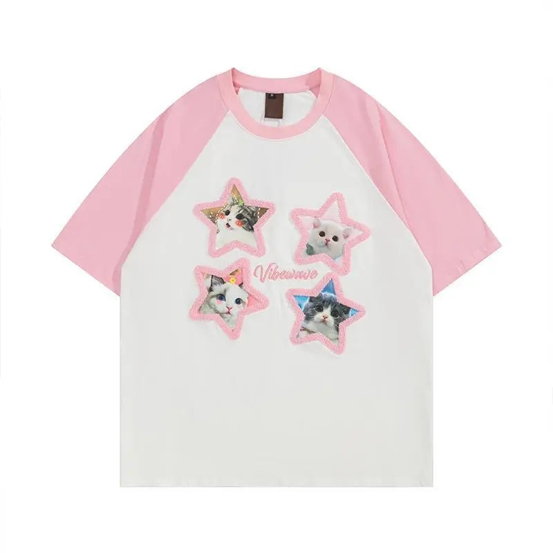 Pink Kawaii Cat Patchwork Short Sleeve T-shirt