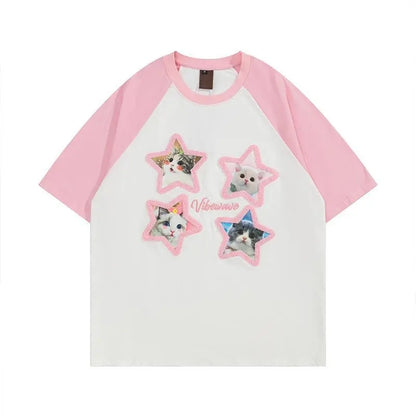 Pink Kawaii Cat Patchwork Short Sleeve T-shirt