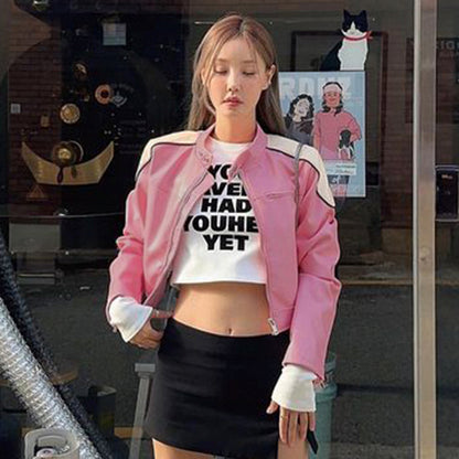 Pink PU Leather Retro Motorbike Jacket