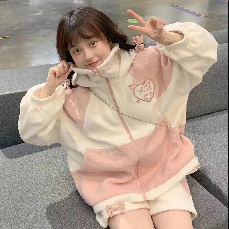 Pink Cat Cartoon Patchwork Jacket