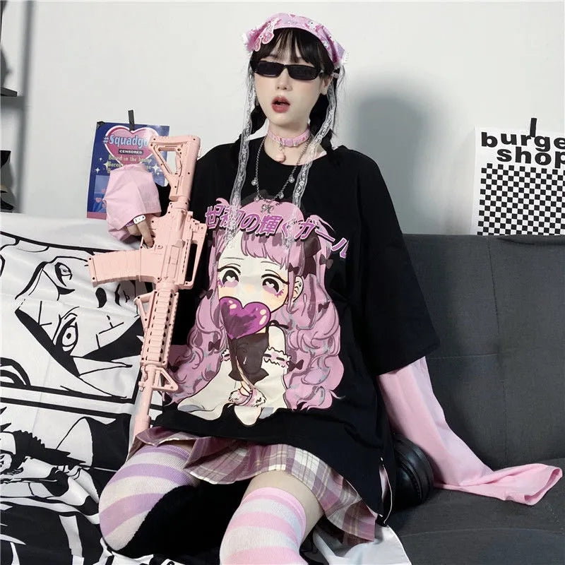 Cute Aesthetic Black Anime Girl Cartoon Print Short Sleeve Shirt Oversized Loose T-shirt Top Goth E-Girl Kawaii Korean Japanese Harajuku Streetwear