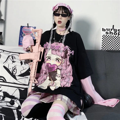 Cute Aesthetic Black Anime Girl Cartoon Print Short Sleeve Shirt Oversized Loose T-shirt Top Goth E-Girl Kawaii Korean Japanese Harajuku Streetwear