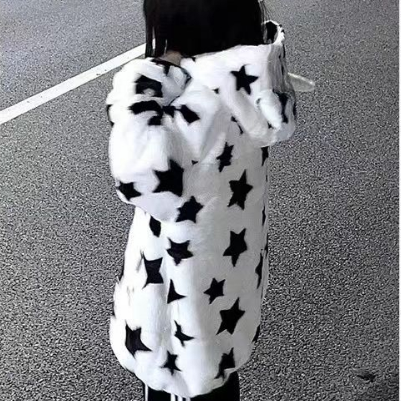 3D Star Ear Print Plush Hood Jacket