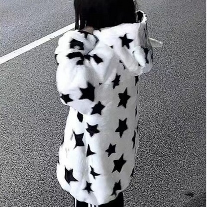 3D Star Ear Print Plush Hood Jacket