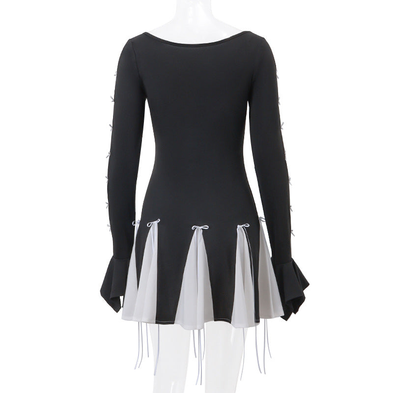 Black Lace Up Splice Fold Bodycon Dress