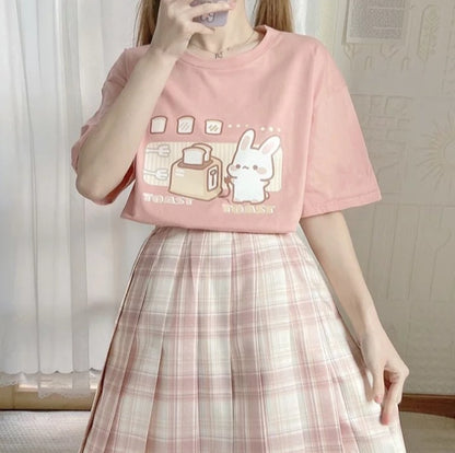 Cute Bunny And Toast Bread Graphic Cartoon Print Loose Short Sleeve T-shirt Aesthetic Casual Summer E-Girl Kawaii Korean Japanese Harajuku