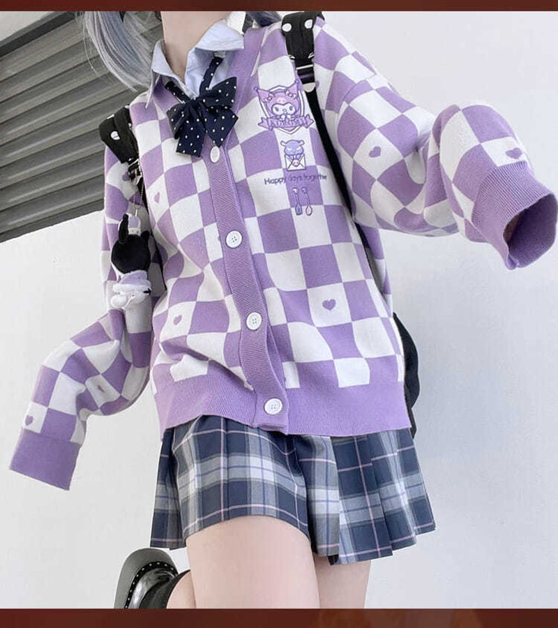 Japanese Anime Embroidery Checkboard Sweater