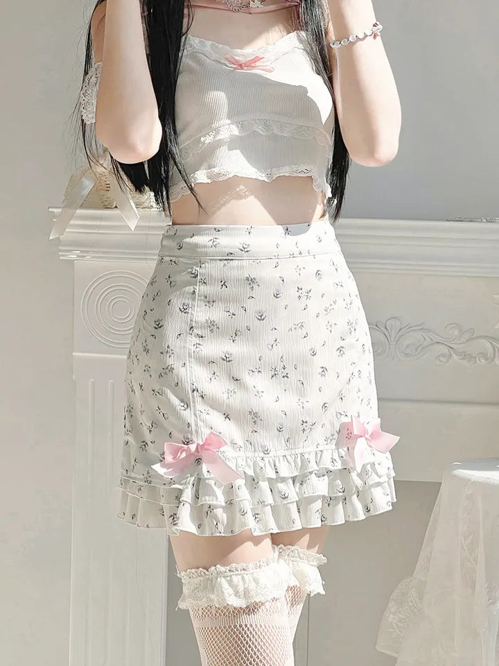 Pink Floral Bow Print Ruffle Mini Skirt