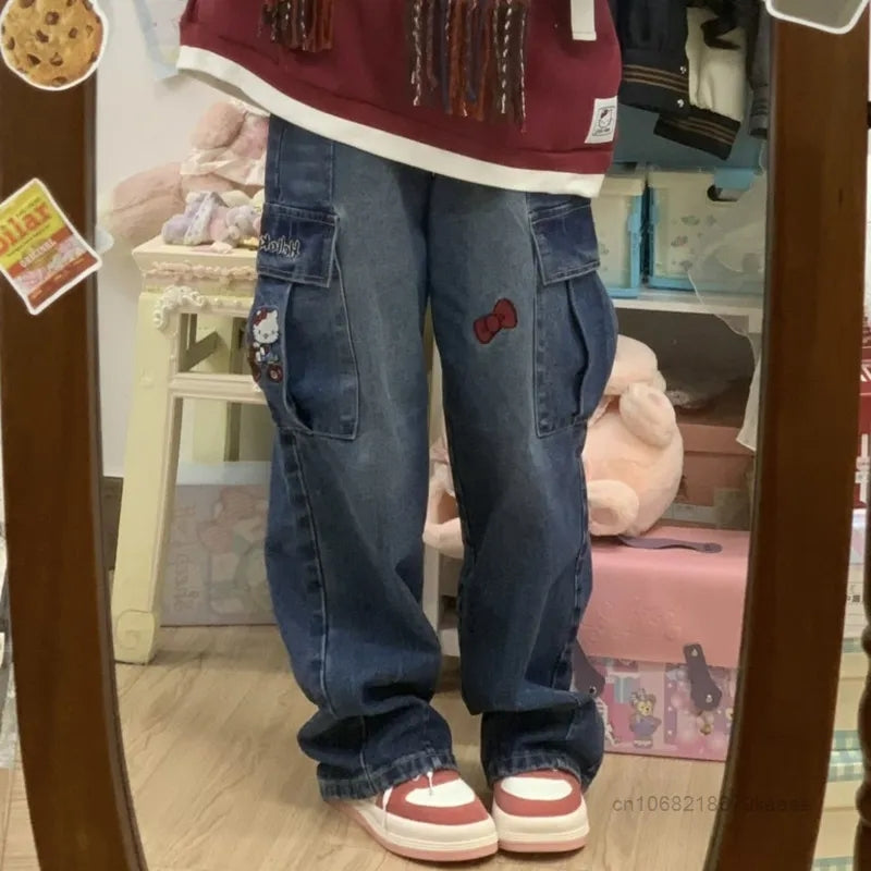 Kitty Cat Embroidery Wide Leg Denim Trousers