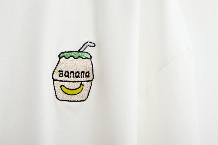 Cute Summer Banana Milk Drink Embroidery Yellow White Casual Short Sleeve Tee Shirt T-shirt Top E-Girl Kawaii Korean Japanese Harajuku Streetwear