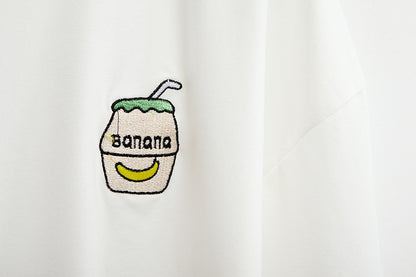 Cute Summer Banana Milk Drink Embroidery Yellow White Casual Short Sleeve Tee Shirt T-shirt Top E-Girl Kawaii Korean Japanese Harajuku Streetwear