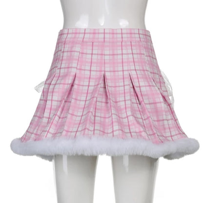 Cute Pink Plaid Feather Lace Up Pleated High Waist A-line Mini Skirt Summer Aesthetic Casual E-Girl Kawaii Korean Japanese Harajuku