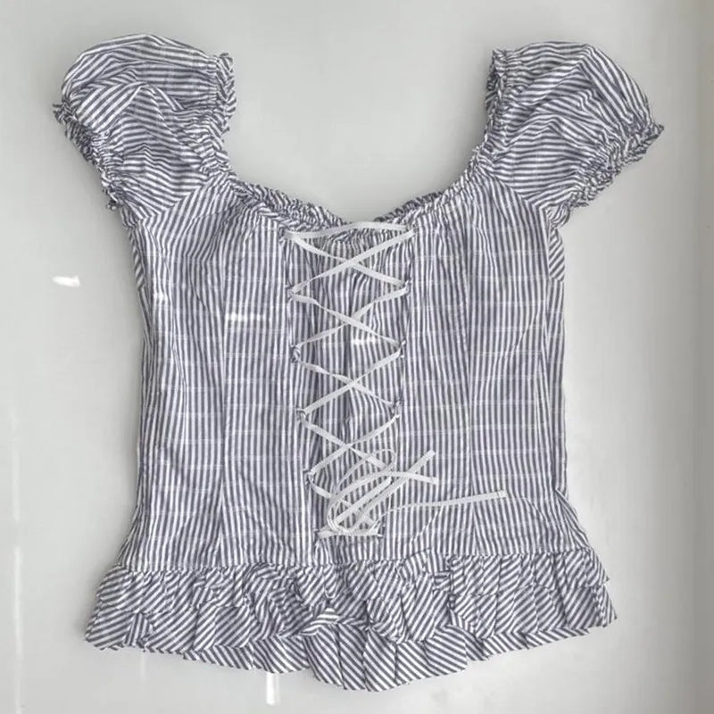 Plaid Milkmaid Ruffle Puff Sleeve Top