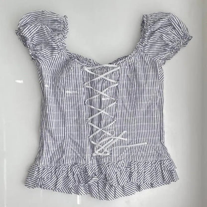 Plaid Milkmaid Ruffle Puff Sleeve Top