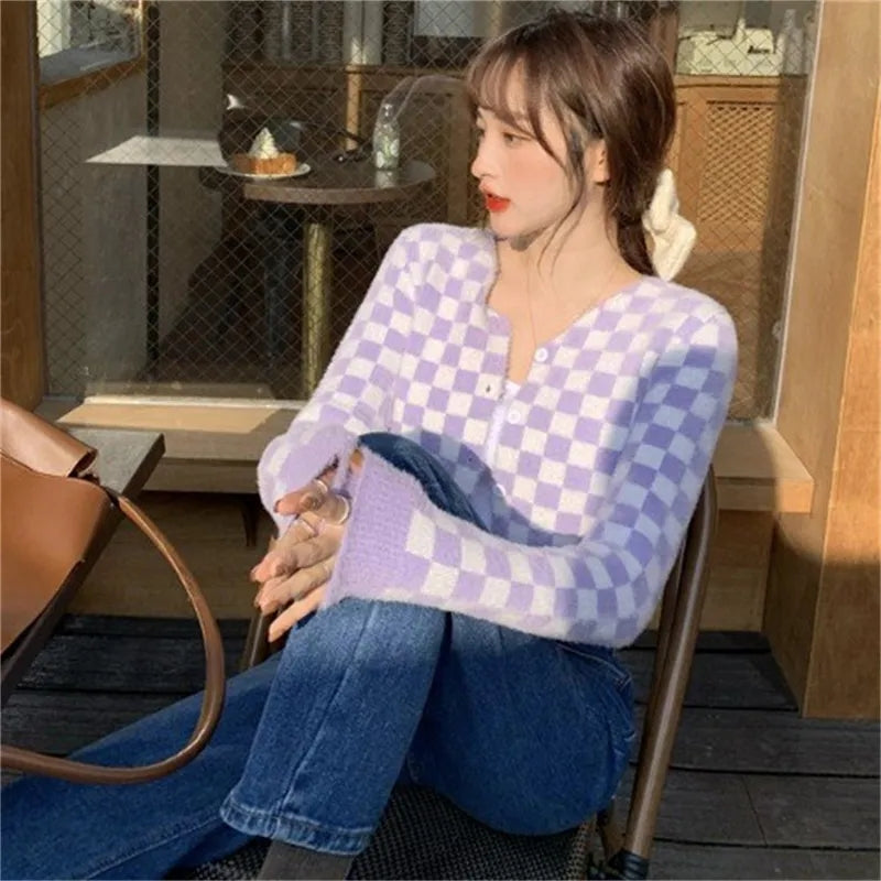 Purple Color Block Heart Button V Neck Sweater
