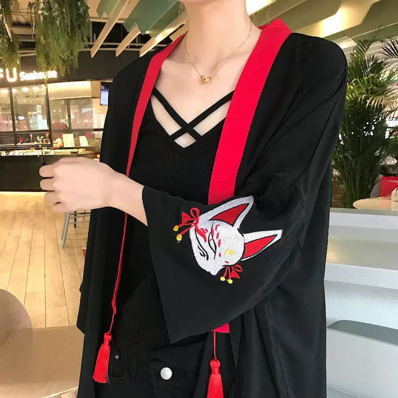 Fox Mask Anime Tassel Blouse Kimono Cardigan Cartoon Print Loose Blouse Long Sleeve Shirt Top E-Girl Kawaii Korean Japanese Harajuku Streetwear