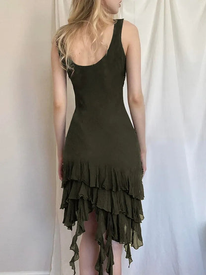 Green Ruffle Irregular Lace Dress