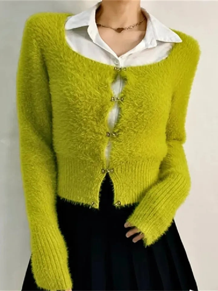 Fluffy Green Buckle Cropped Sweater