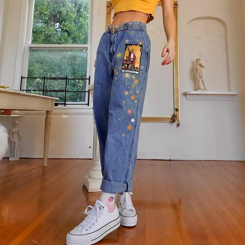 Vintage Star Moon Night Sky Women Heans Pattern Print Autumn Winter Demin Trouser Blue Pants Bottom E-Girl Kawaii Korean Japanese Harajuku Streetwear
